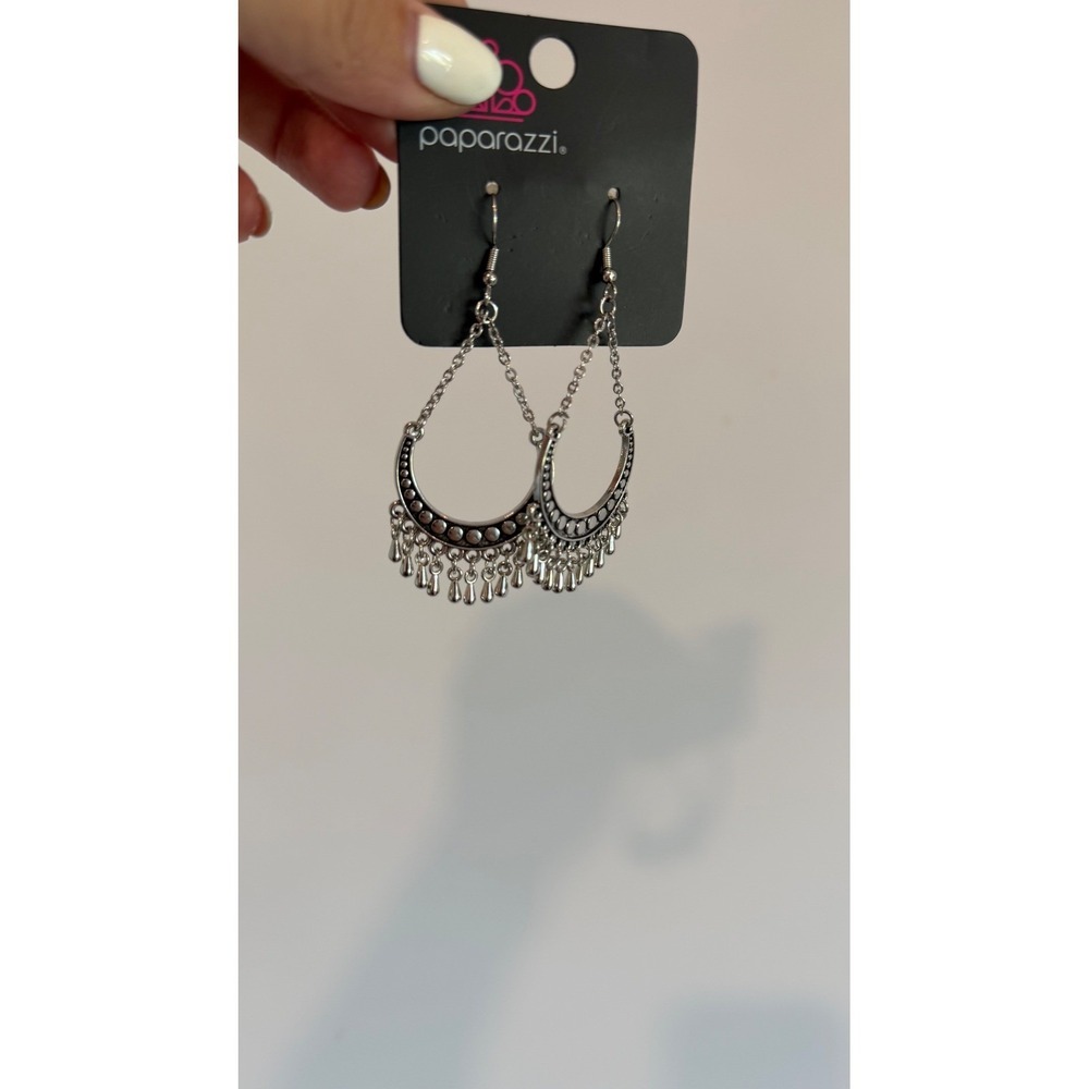 Paparazzi Silver Crescent Moon Dangle Earrings Boho Fringe Tribal Fishhook